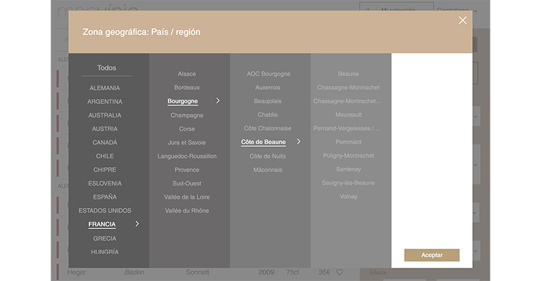 Carta de vinos interactiva - selección por denominación de origen